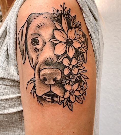 #tattoo #personalized #dogs #labradorretriever #chocolatelab #flowers #custom #tattooideas Dog Face Flower Tattoo, Labrador Tattoos For Women, Half Sleeve Dog Tattoos For Women, Dog Themed Tattoo Sleeve, Dog Daisy Tattoo, Half Dog Half Flower Tattoo, Daisy Dog Tattoo, Dog Floral Tattoo, Dog Portrait Tattoo Flowers