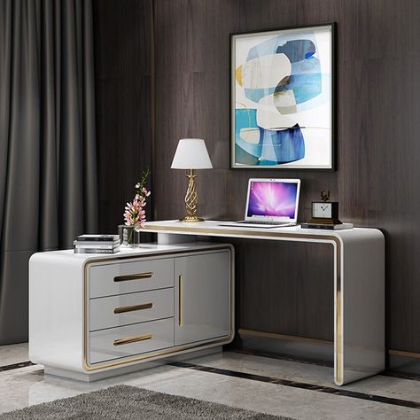 Workspaces Design, White L Shaped Desk, Desk Corner, Study Table Designs, White Desk Office, File Cabinet Desk, Modern Computer Desk, Corner Computer Desk, Contemporary Home Office