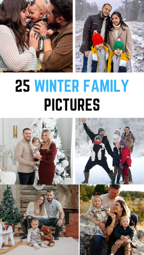 A heartwarming collage of winter family pictures, featuring cozy indoor setups by Christmas trees, joyful moments in snowy landscapes, and natural outdoor family portraits capturing love and togetherness during the holiday season. Family Of 4 Picture Poses Winter, Winter Themed Family Photos, Family Photo New Year, Family Pictures For Christmas, Christmas Family Photo Ideas Indoor, Sibling Winter Photoshoot, Winter Family Photography Outfits, Family Pictures In The Rain, Indoor Photoshoot Ideas Family