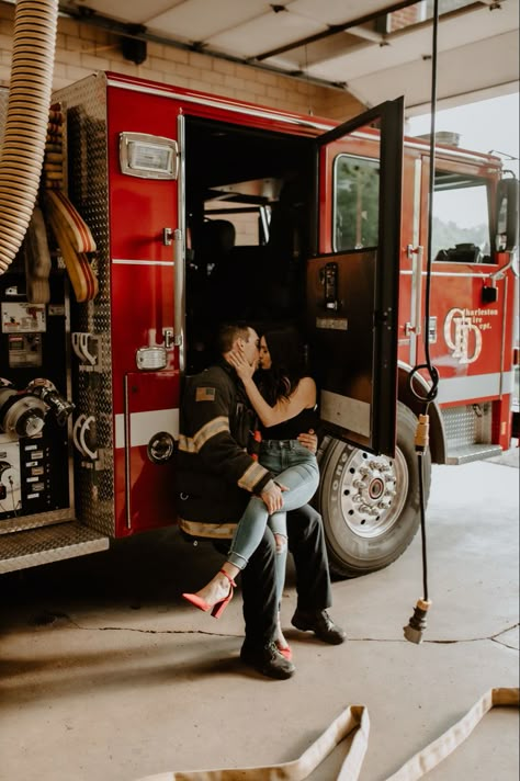 Firefighter Nurse Engagement Pictures, Fireman Wedding Photos, Firehouse Wedding Photos, Fireman Engagement Photos, Fire Truck Wedding Photos, Firefighter Relationship, Fire Station Engagement Pictures, Fire Fighter Engagement Photos, Fireman Wedding Ideas