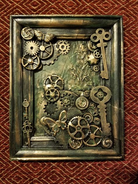 Altered Art Canvas, Steampunk Diy Crafts, Steampunk Mixed Media Art, Steampunk Wall Art, Steampunk Mixed Media, Steampunk Wall, Altered Canvas, Mixed Media Art Techniques, Steampunk Crafts