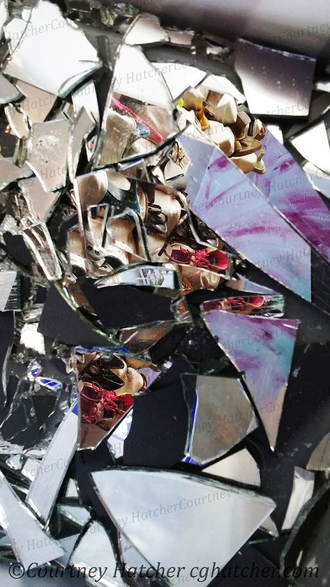 "Broken Mirror" by Courtney Hatcher. Abstract photography, texture photography, reflective photography, perspective photography, macro photography, contrast photography. Original photography for home decor and styling. Fragmented mirror pieces, shattered glass, an intricate web. Grey art print with hints of purple, pink, and blue. Bold wall art and decoration. Express yourself with art, decorate with original photography, collecting art. Shattered Mirror Aesthetic, Broken Mirror Photography, Sketching Photography, Reflective Photography, Mirror Abstract, Photography Perspective, Textiles Gcse, Bold Wall Art, Bathroom Painting