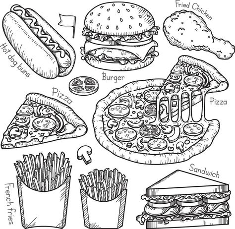 Fast food doodle elements hand drawn style. Vector Illustrations. Food Doodle, Doodle Elements, New York Illustration, Abstract Artwork Painting, Watercolor Food Illustration, Food Doodles, Food Coloring Pages, Coloring Pages Inspirational, Food Sketch