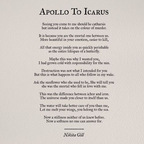 Apollo to Icarius Mythology Poetry, Nikita Gill, Literature Quotes, Greek Myths, Poetry Words, Literary Quotes, A Poem, Poem Quotes, Greek Gods