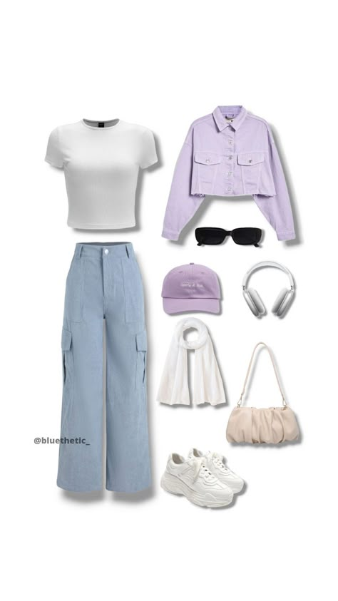 Lavender Casual Outfit, Purple Outfits For School, Lavender Outfit Ideas Casual, Purple Outfit Board, Lilac And White Outfit, Lavender Outfit Aesthetic, Lavender Outfit Ideas, Outfit Ideas Hijab, Lavender Outfit