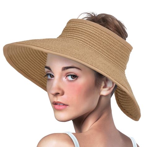 PRICES MAY VARY. Optimal Sun Protection: Enjoy superior sun protection with a wide brim that shields your face and neck from harmful UV rays, ensuring a safer and more comfortable outdoor experience. Versatile and Packable Design: Our straw sun hat features a packable and foldable design that allows for easy storage and portability, perfect for travel and outdoor activities. It effortlessly retains its shape, ensuring lasting durability wherever you go. Adjustable Fit for All-Day Comfort: Design Hat With Ponytail, Beach Visor, Straw Visor, Beach Hats, Straw Sun Hat, Visor Hat, Sun Hats For Women, Women Travel, Comfort Design