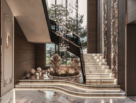 Luxury Stairs :: Behance Luxurious Staircase Design, Stairs Wall Design Modern Luxury, Ms Staircase Designs, Staircase Design Modern Luxury Homes, Villa Stairs Design, Stairs Design Interior Luxury, Staircase Design Luxury, House Lobby Interior Design, Stairs Wall Design Modern