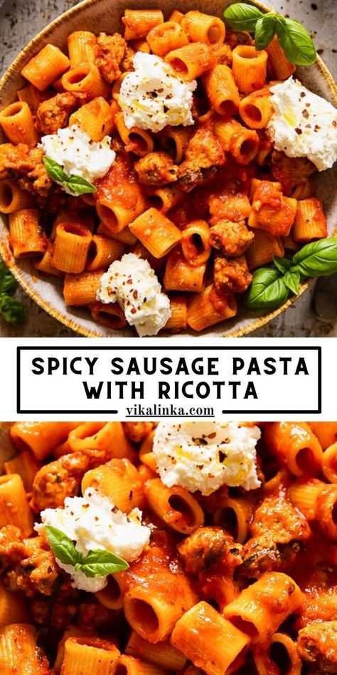 Ricotta Pasta Sauce, Vikalinka Recipes, Sausage Ricotta, Ricotta Pasta Recipes, Pasta With Ricotta, Spicy Pasta Recipes, Spicy Sausage Pasta, Sausage Pasta Recipes, Spicy Pasta