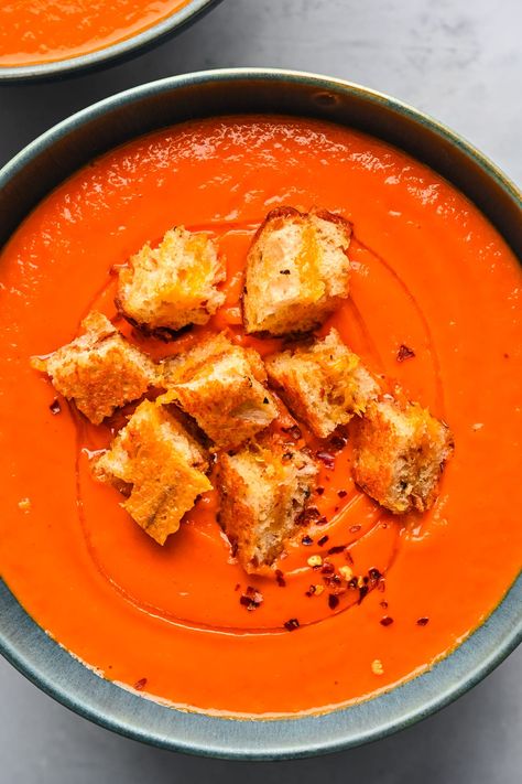 This roasted red pepper, carrot and tomato sheet pan soup is the perfect easy, hands-off dinner! Sheet Pan Roasted Red Pepper Soup Crowded Kitchen, Crowded Kitchen Sheet Pan Soup, Sheet Pan Soup Crowded Kitchen, Sheet Pan Soup, Carrot And Lentil Soup, Grilled Cheese Croutons, Crowded Kitchen, Cheese Croutons, Roasted Red Pepper Soup