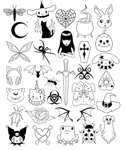 Goth Tattoo Template, Simple Sketch Tattoo, Small Goth Flash Tattoos, Creepy Cute Flash Tattoo, Flash Art Tattoos For Women Sleeve, Small 2x2 Tattoos, Small Tattoo Ideas Halloween, Small Alternative Tattoo Ideas, Halloween Tiny Tattoo Flash Sheet