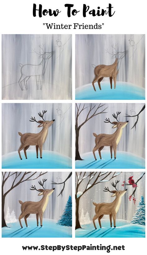 "Winter Friends" Acrylic Painting Tutorial Friends Acrylic Painting, Bird Painting Acrylic, Canvas Painting For Beginners, Winter Friends, Painting Instructions, Christmas Canvas Art, Deer Painting, Christmas Paintings On Canvas, Creation Art