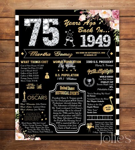 "Custom 75th Birthday Poster, 1949 Printable Sign Board - Style 28 A fun birthday poster filled with facts, events, and tidbits from 1949. Makes an excellent gift or party decoration!  DIGITAL PRINTABLE FILES ONLY! No physical prints will be sent   NO shipping cost! Digital file will be emailed to you   There are some good printing services you can reference: - Walgreens: http://photo.walgreens.com - Staples: www.staples.com - Vistaprint: www.vistaprint.com - Costco: www.costcophotocenter.com/Home - Shutterfly: www.shutterfly.com/prints/collage-posters MAIN FEATURES: * Digital printable files with custom size of your choice (16\"x20\", 11\"x14\", 20\"x30\", etc.). * Includes two JPG files and a PDF version with high resolution of the same print. * All files are 300 DPI High Resolution file 75tg Birthday Ideas For Mom, 74th Birthday Party Ideas For Mom, 75th Birthday Themes For Mom, 75th Bday Party Ideas, 75 Birthday Party Ideas Dad, 75 Th Birthday Party Ideas, 75 Birthday Party Ideas Mom, 75 Birthday Decoration Ideas, 75th Birthday Ideas For Dad