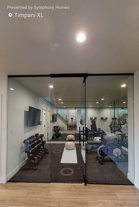 Basement Gym And Game Room, Aethstetic Home Gym, Home Gym With Glass Walls, Windowless Home Gym, Home Gym Media Room Combo, Basement Remodel With Gym, Basement Gym Room, Gym And Living Room Combo, Home Gym Glass Wall