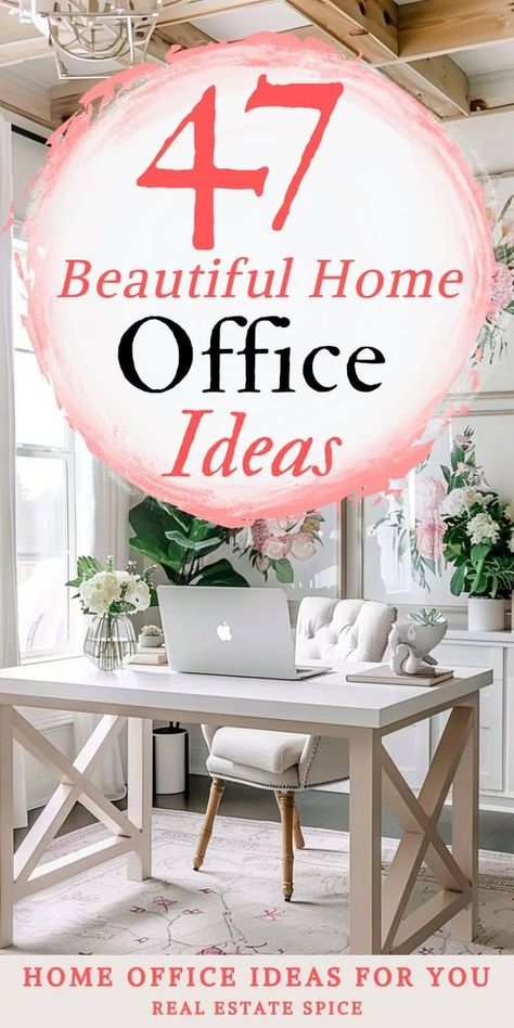 50 Beautiful Women\'s Home Office Ideas and Design Tips In Home Office For Women, Pretty Office Ideas, Women’s Home Office Inspiration, White Home Office Ideas For Women, Colorful Office Ideas, Womens Office Decor Ideas, Woman Office Decor, Home Office For Women, Bedroom With Office Space