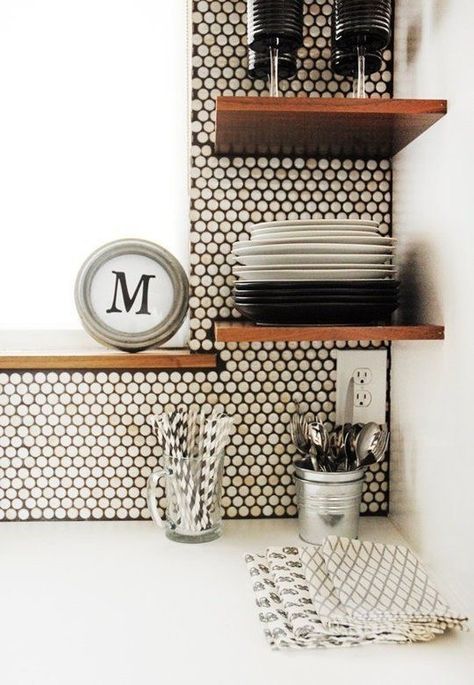 Add a little texture to your kitchen with penny tiles. Penny Tile Backsplash, Penny Tiles, Trendy Kitchen Tile, Tiles Ideas, Penny Tile, Round Tiles, Room Tiles, Tiles Texture, Kitchen Tile