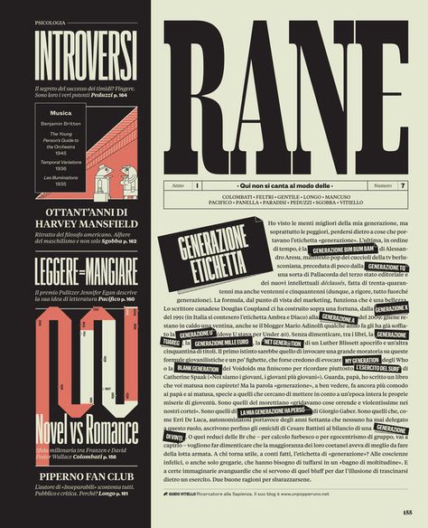 RANE - IL by Micaela Bonetti, via Behance Cv Inspiration, Best Typography, Newspaper Layout, Infographic Resume, Typography Images, Italian Phrases, Magazine Spreads, Newspaper Design, Magazine Layout Design