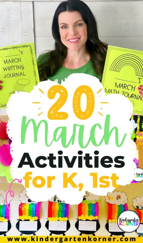 Discover the 20 fun march activities and bulletin boards for prek, preschool, kindergarten, or first grade! Monthly math and writing journals, easy march crafts, and cute bulletin boards to celebrate Theodor Geisel's birthday week, St. Patrick's Day, Spring, and Women's History Month! March Activities For Kindergarten, March Craftivity, March Sight Word Activities, Spring Writing Activities First Grade, Play Based Learning Kindergarten, March Writing Activities, March Write The Room Kindergarten, March Writing, 1st Grade Crafts