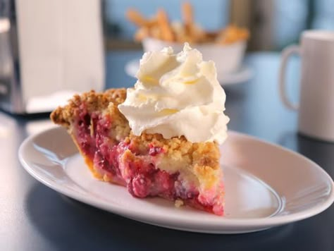 Devine Fresh Raspberry Cream Crumble Pie DDD’s@ Food Network Custard Crumble, Raspberry Custard, Raspberry Cream Pies, Pie Making, Raspberry Crumble, Crumble Pie, Cream Pies, Raspberry Cream, Pie Crumble