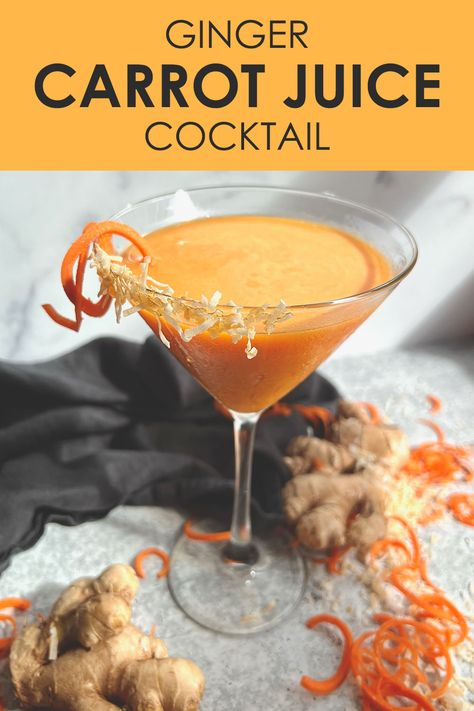 A Ginger Carrot Juice Cocktail in a martini glass with a carrot spiral garnish and coconut flake rim Juice Cocktails, Ginger Cocktails, Ginger Liqueur, Carrot And Ginger, Honey Lime, Carrot Juice, Cocktail Making, Coconut Flakes, Coconut Milk