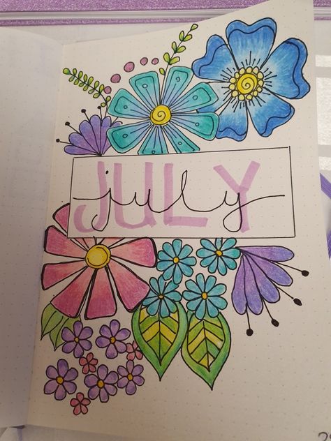 July title page bright flowers bullet journal Cute Title Pages, Flower Title Page, May Bullet Journal Cover Page Ideas, Title Page Design, July Bullet Journal Cover Ideas, July Bullet Journal Cover, Corner Painting, April Title Page Bullet Journal, Page Bullet Journal