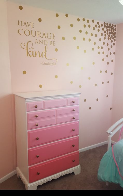 Finishing up P's room. Super excited about how this came out. Gold decals on the soft pink wall. An old dresser with a fresh ombre pain job. Wall Decals For Girls Room, Pink And Gold Bedroom, Pink Baby Room, Baby Room Wall Decor, Pink Bedroom For Girls, Pink Bedroom Decor, Baby Room Wall, Wall Decals For Bedroom, Gold Bedroom