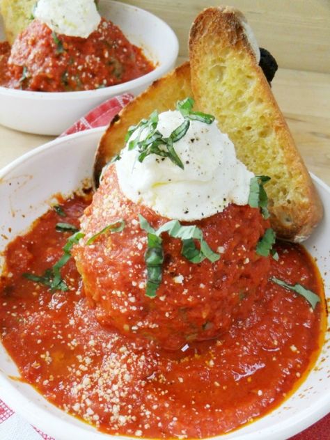 giant meatballs Giant Meatball Recipe, Giant Meatballs, Giant Meatball, Fancy Pasta, Crunchy Bread, Meatball Recipes Crockpot, Fresh Ricotta, Italian Meatballs Recipe, Crock Pot Meatballs