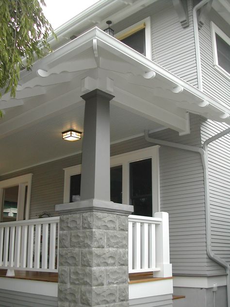 Historic Curb Appeal: Maintaining Your Craftsman Gray Columns Front Porch, Craftsman Front Porch Railing, Craftsman Bungalow Porch, Craftsman Porch Railing, Craftsman Porch Columns, Craftsman Front Porch, Wrought Iron Porch Railings, Bungalow Porch, Craftsman Columns