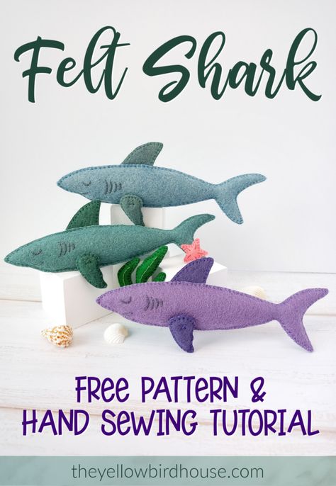 Easy DIY felt shark sewing tutorial and free printable pattern. Use this pattern to make sharks for a garland or mobile for a nursery. Beginner friendly sewing tutorial for felt animals. Adorably charming little DIY felt sharks for little people to play with. Shark Sewing Pattern, Shark Sewing, Felt Patterns Free, Felt Animal Pattern, Easy Felt Crafts, Felt Fish, Felt Toys Patterns, Felt Animal Patterns, Fabric Books