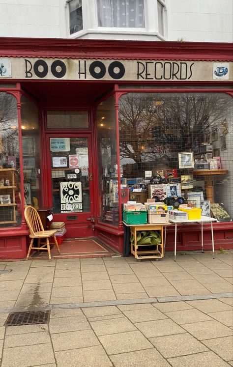 Music Store Exterior, Record Shop Exterior, Small Record Store, Record Store Exterior, Bloxburg Record Store, 1990 Vibes, Record Store Aesthetic, Cd Store, Bookshop Café