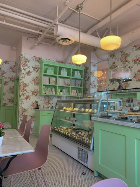 Pink And Green Bakery, Cupcake Shop Interior, Tiana Core, Green Bakery, Brooklyn Aesthetic, Coffee Cart Ideas, Bloxburg Pictures, Floral Cafe, Saloon Decor