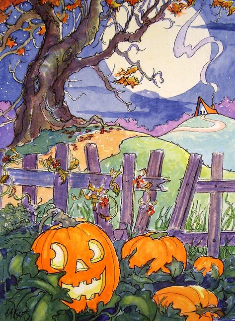 Vintage Halloween Art, Halloween Pumpkins Painted, Storybook Cottage, Black And White Art Drawing, Halloween Wallpaper Iphone, Halloween Illustration, Halloween Painting, Halloween Images, Autumn Painting