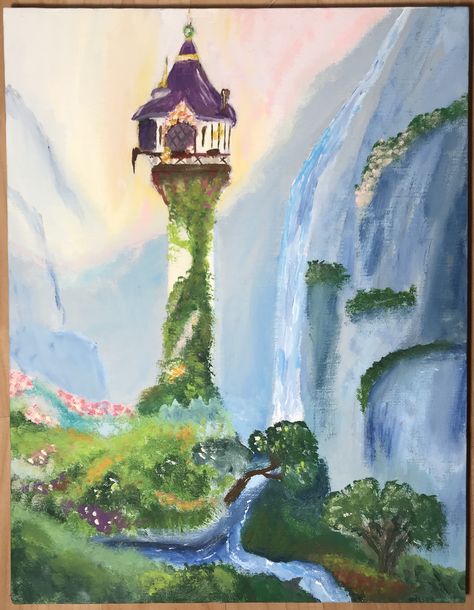 Matte Acrylic Painting Ideas, Repunzal Painting Ideas, Disney Art Painting, Tangled Tower Painting, Disney Acrylic Painting, Rapunzel Painting, Rapunzel Theme Painting, Disney Painting, Fairytale Painting Acrylic