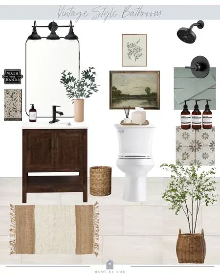 Vintage Interior Design Bathroom, Small Bathroom Mood Board, Vintage Bathroom Mood Board, Vintage Guest Bathroom Decor, Modern Vintage Bathroom Ideas, Bathroom Interior Design Mood Board, Bathroom Idea Board, Half Bath Mood Board, Guest Bathroom Mood Board