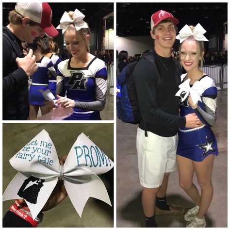 Cheer promposal with bow 😍 Cheer Promposal Ideas, Cheerleading Promposal, Promposal Ideas For Cheerleaders, Cheer Homecoming Proposals, Cheer Promposal, Cheer Hoco Proposals, Cute Promposals, Cute Prom Proposals, Hoco Proposals Ideas