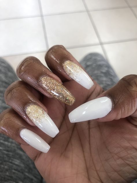 White Nail With Gold Design, White And Gold Sparkle Nails, Gold Tone Nails, New Years Nail Designs White And Gold, White And Gold Nail Designs Almond, White And Golden Nails Acrylic, White And Gold Glitter Nails, Gold And White Almond Nails, White Nails With Gold Glitter