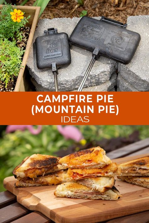 mountain pie irons and finished sweet and savory campfire pies Mountain Pie Recipes, Pies For Dinner, Campfire Pies, Mountain Pies, Pie Iron Recipes, Pie Iron, Pie Ideas, Recipes For Appetizers, Sweet Pies