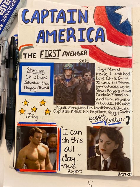 Avengers Journal Ideas, Marvel Journal Ideas, Movie Scrapbook Ideas, Avengers Journal, Marvel Sketchbook, Punk Journal, Marvel Scrapbook, Marvel Journal, Captain America The First Avenger