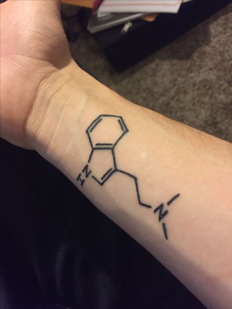 This is my own tattoo it's the chemical structure DMT (Dimethyltryptamine) Dmt Tattoo, Chemical Structure Tattoo, Dmt Molecule, Molecule Art, Molecule Tattoo, X Tattoo, Tattoo For Son, Chemical Structure, Traditional Tattoo Art