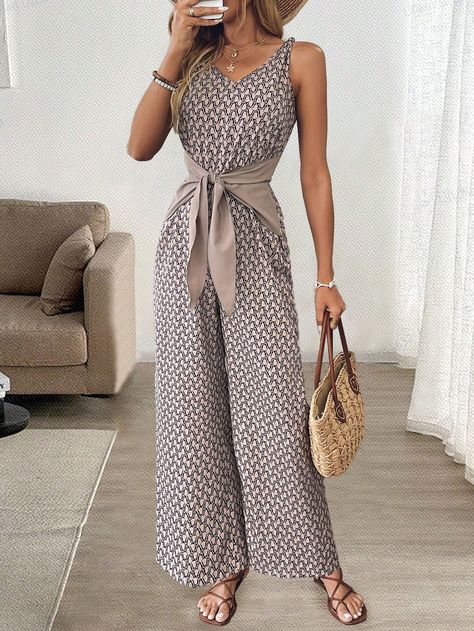 Women's Casual Vacation Floral Print Tied Jumpsuit Khaki Casual  Sleeveless Fabric Geometric,All Over Print,Textured Pattern Unitard Non-Stretch  Women Clothing, size features are:Bust: ,Length: ,Sleeve Length: Printed Ties, Textures Patterns, Jumpsuits For Women, Women Clothing, Casual Women, Lego, Floral Prints, Jumpsuit, Sleeve Length