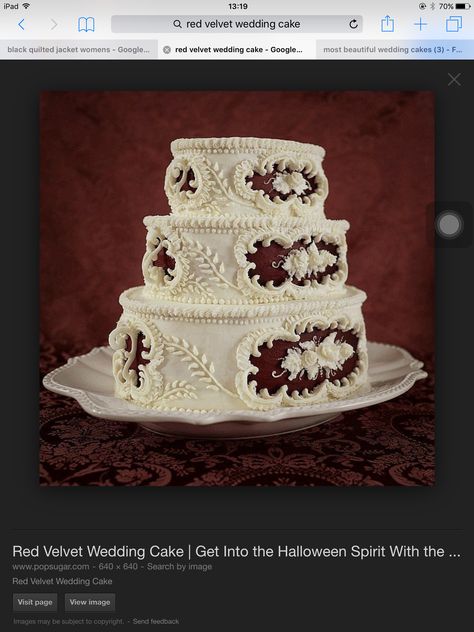 Red velvet wedding cake Victorian Wedding Cakes, Gothic Wedding Cake, Christine Mcconnell, Victorian Cakes, Red Velvet Wedding Cake, Gothic Cake, How To Make Wedding Cake, Spooky Food, Chocolate Wedding Cake