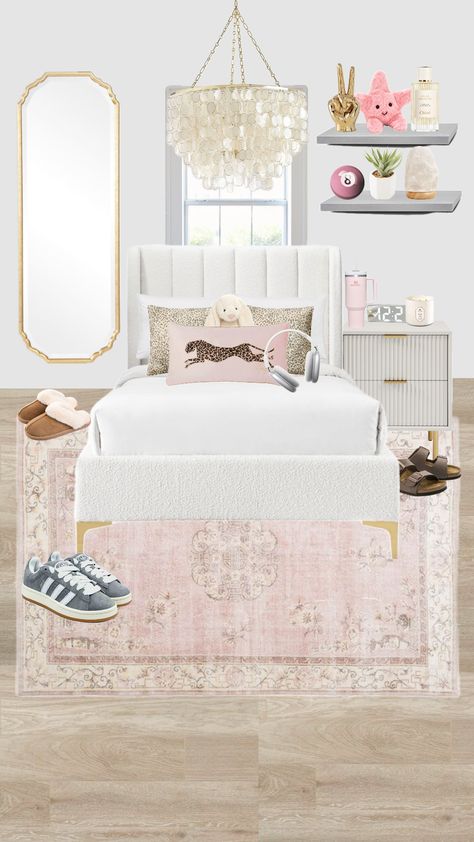 Room Inspo Light Pink, Pink Gold And White Room, Aesthetic Room Layout, Pink And Gold Dorm, White And Pink Room, Pink Dorm Room Aesthetic, Pink Glam Bedroom, Light Pink Rooms, Luxury Dorm Room