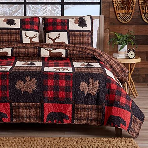 Red Black Rustic Lodge Quilt Set Mountain Lodge Quilt, Cabin Themed Bedroom Walmart, Cabin Themed Bed, Rustic Quilts, Black Lodge, Luxury Quilts, Coverlet Bedding, Queen Size Quilt, King Size Quilt