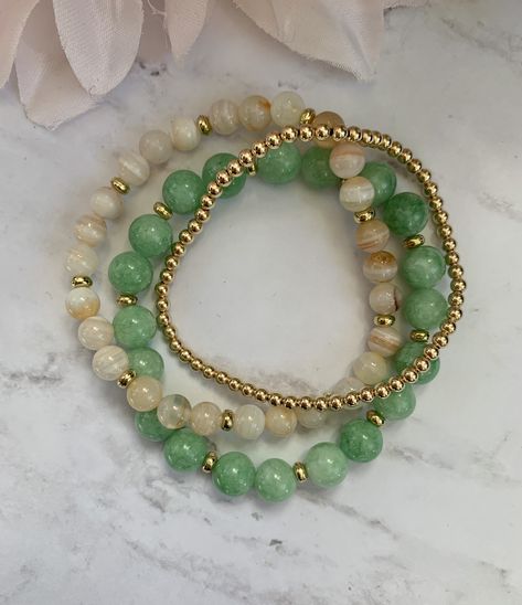 Crystal Bracelet Stack Ideas, Stack Jewelry, Beaded Bracelet Stack, Creative Prompts, Gold Bracelets Stacked, Bracelet Packaging, Bracelet Stacks, Green Beaded Bracelets, Yellow Bracelet