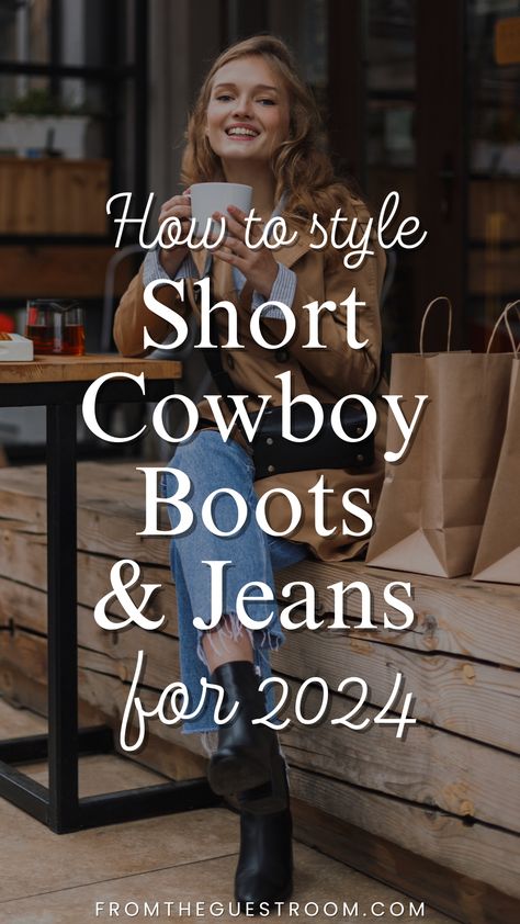 a woman wears short cowboy boots and jeans, western outfits Western Style Ankle Boots Outfits, How To Style Short Boots With Jeans, How To Style Western Ankle Boots, Ankle Cowboy Boots Outfit Fall, Ariat Dixon Boot Outfit Ideas, How To Wear Short Boots With Jeans, How To Wear Western Ankle Boots, Outfits With Ankle Cowboy Boots, Cowboy Core Aesthetic