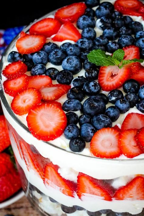 Patriotic Berry Trifle Trifle Easy, Pumpkin Cookies Decorated, Trifle Recipes Easy, Easy Trifle, Eclairs Dessert, Pumpkin Rolls Recipe, Berry Trifle, Trifle Dish, Patriotic Desserts