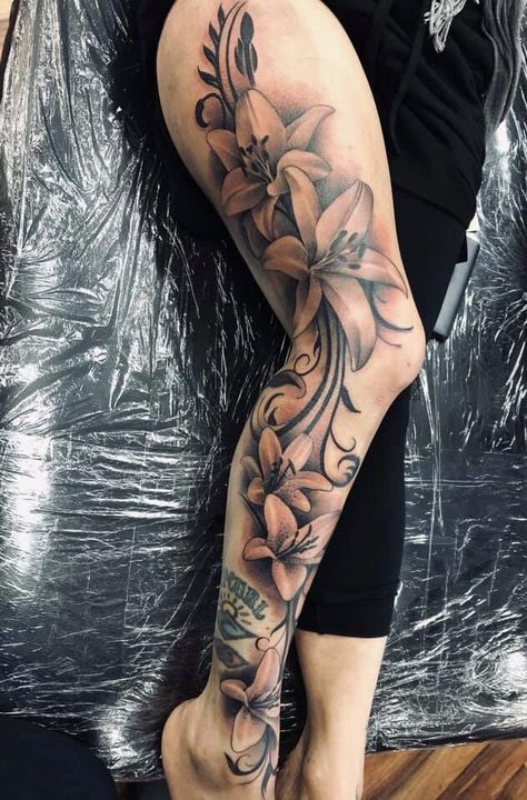 Women Leg Sleeve Tattoo Ideas Stencil, Full Leg Tattoos Women Sleeve Flowers, Thigh And Leg Tattoos Women, Leg Cover Up Tattoos For Women, Low Waist Tattoo, Flower Leg Tattoos Women, Best Leg Tattoos For Women, Full Leg Tattoos Women Sleeve, Full Leg Tattoo Female