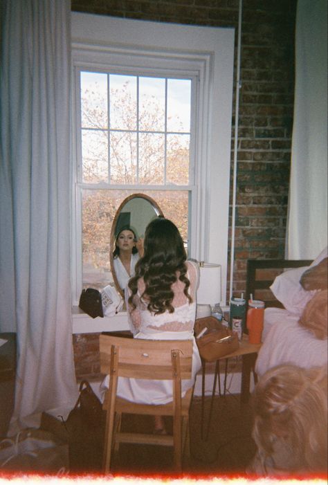 Documentary Style Film Getting ready photo Getting Ready In The Mirror, Getting Ready Photography, Getting Ready Prom Photos, Vintage Getting Ready Aesthetic, Bathroom Film Scene, Getting Ready, Women Getting Ready In Mirror, Documentary Style Getting Ready Photos, Documentary Style Wedding Party Photos