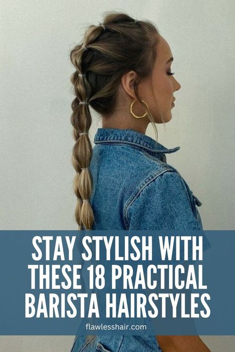 Two Bubble Braids Two Bubble Braids, Barista Hairstyles, Bubble Braid Ponytail, Bubble Braid, Braid Ponytail, Bubble Braids, Work Hairstyles, Braided Ponytail, Braided Hairstyles