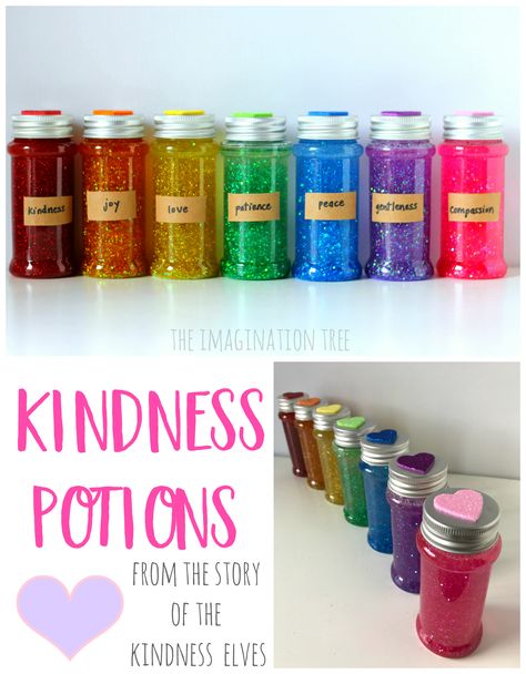 Make some rainbow coloured Kindness Potions Sensory Bottles to learn about what makes a kind and caring heart, after reading The Story of the Kindness Elves book! This is such a fun way to learn a little science, PHSE, literacy and a sprinkling of awe and wonder. The kindness potions sensory bottles make a wonderful...Read More » Preschool Friendship, Kindness Lessons, Kindness For Kids, Kindness Elves, Friendship Theme, Friendship Activities, Discovery Bottles, Kindness Projects, Imagination Tree