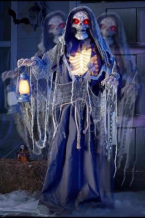 JOYIN 67" Halloween Animatronic Standing Grim Reaper Decoration with Spooky and Light-Up Eyes/Creepy Sound/Moving Arms & Head (Sound Activated) for Halloween Haunted House Indoor Outdoor Decorations. #sponsored Shackled Hands, Grim Reaper Decoration, Animated Halloween Decorations, Halloween Lawn Decorations, Life Size Skeleton, Animated Witch, Halloween Animated, Scary Haunted House, Halloween Animatronics